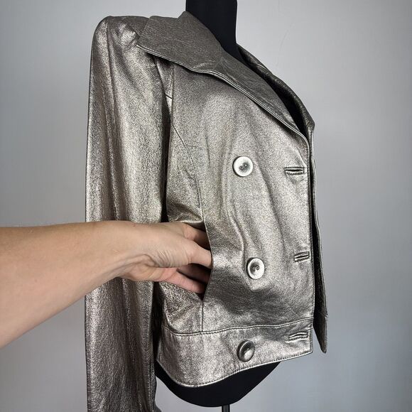 Vintage 80s 90s Spiegel Metallic Silver Cropped Double Breasted Leather Jacket - Picture 2 of 13